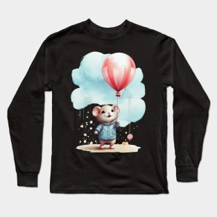 cute little mouse holding balloon in the cloudy sky Long Sleeve T-Shirt
